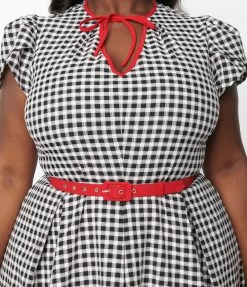 Clothing Unique Vintage Plus Size Black & Ivory Gingham Dahlia Swing Dress