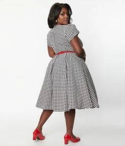 Clothing Unique Vintage Plus Size Black & Ivory Gingham Dahlia Swing Dress