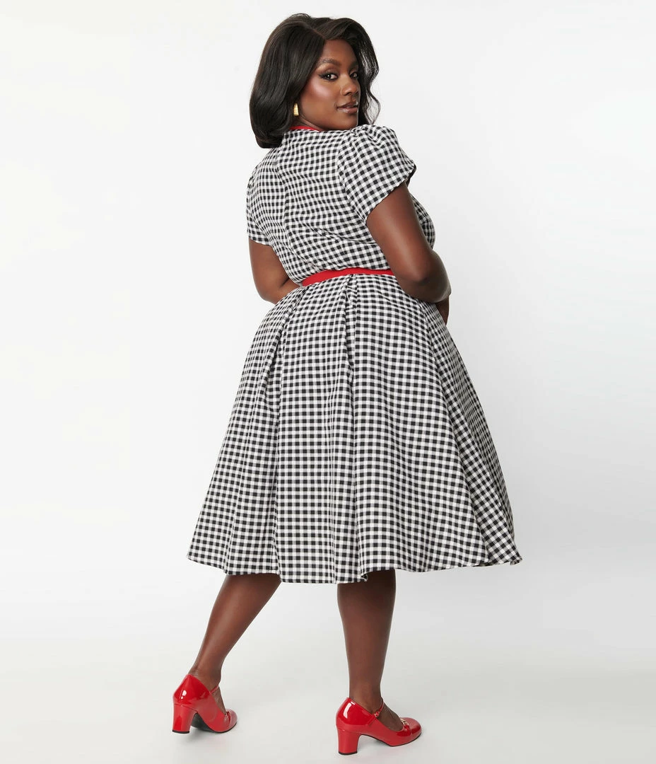 Clothing Unique Vintage Plus Size Black & Ivory Gingham Dahlia Swing Dress