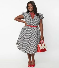 Clothing Unique Vintage Plus Size Black & Ivory Gingham Dahlia Swing Dress