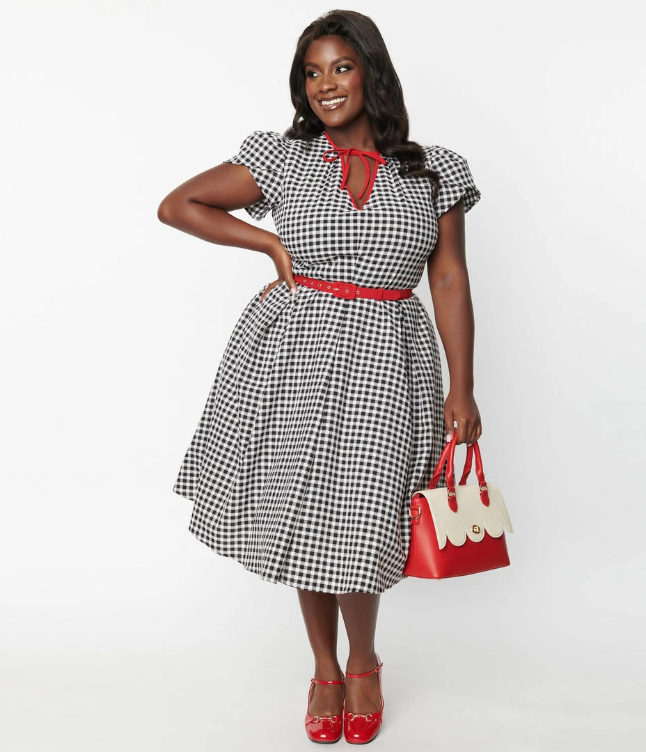 Clothing Unique Vintage Plus Size Black & Ivory Gingham Dahlia Swing Dress
