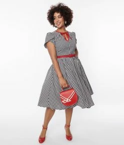 Unique Vintage Black & Ivory Gingham Dahlia Swing Dress