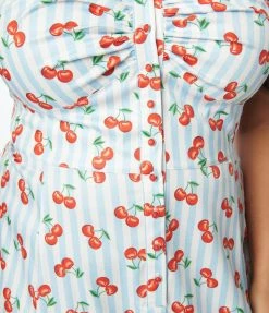 Unique Vintage Plus Size Light Blue Stripe & Cherry Print Midi Dress