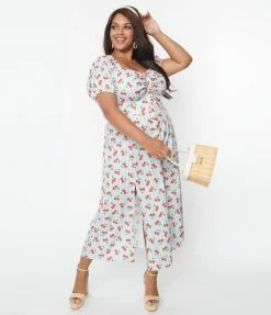 Unique Vintage Plus Size Light Blue Stripe & Cherry Print Midi Dress