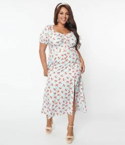 Unique Vintage Plus Size Light Blue Stripe & Cherry Print Midi Dress