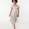 Unique Vintage Light Blue Stripe & Cherry Print Midi Dress Clothing