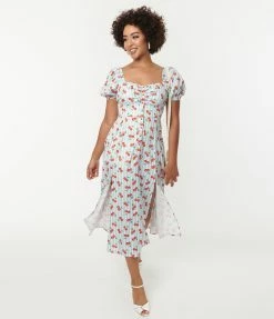 Unique Vintage Light Blue Stripe & Cherry Print Midi Dress Clothing