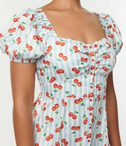 Unique Vintage Light Blue Stripe & Cherry Print Midi Dress Clothing
