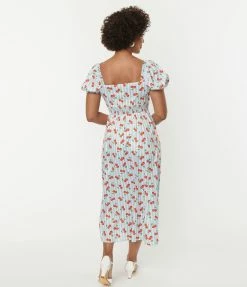 Unique Vintage Light Blue Stripe & Cherry Print Midi Dress Clothing