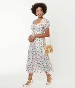 Unique Vintage Light Blue Stripe & Cherry Print Midi Dress Clothing