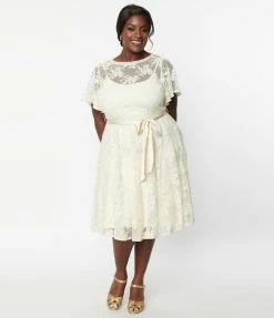Unique Vintage Plus Size Ivory Floral Lace Bridal Swing Dress Clothing