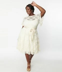 Unique Vintage Plus Size Ivory Floral Lace Bridal Swing Dress Clothing