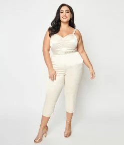 Unique Vintage Plus Size Cream Satin Bridal Marcel Jumpsuit