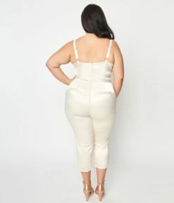 Unique Vintage Plus Size Cream Satin Bridal Marcel Jumpsuit