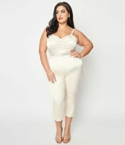 Unique Vintage Plus Size Cream Satin Bridal Marcel Jumpsuit