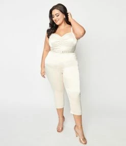 Unique Vintage Plus Size Cream Satin Bridal Marcel Jumpsuit