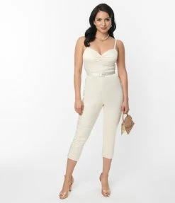 Unique Vintage Cream Satin Bridal Marcel Jumpsuit Clothing
