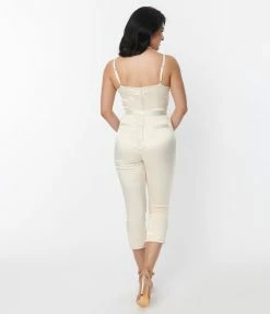 Unique Vintage Cream Satin Bridal Marcel Jumpsuit Clothing