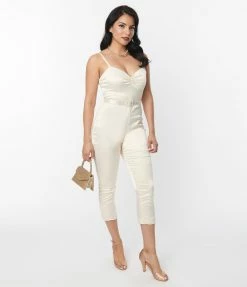 Unique Vintage Cream Satin Bridal Marcel Jumpsuit Clothing
