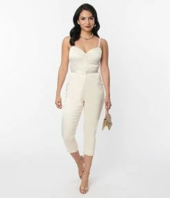Unique Vintage Cream Satin Bridal Marcel Jumpsuit Clothing