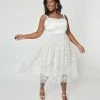 New Arrivals! Unique Vintage Plus Size White Tulle & Floral Beading Bertie Swing Dress