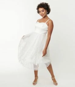 New Arrivals! Unique Vintage White Tulle & Floral Beading Bertie Swing Dress