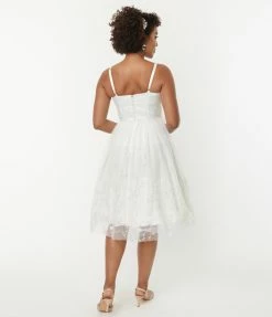 New Arrivals! Unique Vintage White Tulle & Floral Beading Bertie Swing Dress