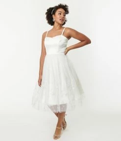 New Arrivals! Unique Vintage White Tulle & Floral Beading Bertie Swing Dress
