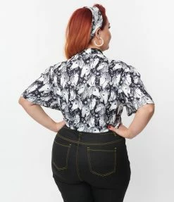 Clothing Unique Vintage Plus Size Black & Wild Horses Flutter Sleeve Bodysuit