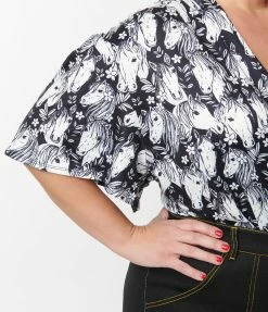 Clothing Unique Vintage Plus Size Black & Wild Horses Flutter Sleeve Bodysuit