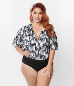 Clothing Unique Vintage Plus Size Black & Wild Horses Flutter Sleeve Bodysuit
