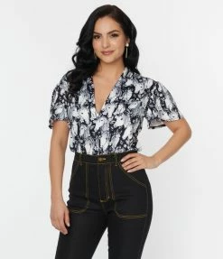 Unique Vintage Black & Wild Horses Flutter Sleeve Bodysuit