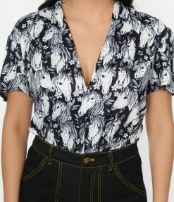 Unique Vintage Black & Wild Horses Flutter Sleeve Bodysuit