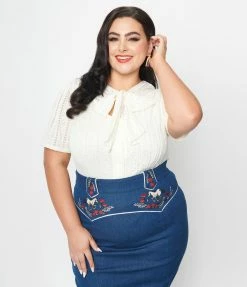 Clothing Unique Vintage Plus Size Ivory Lace Neck Tie Top