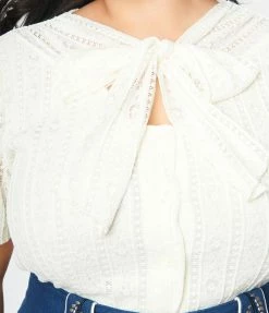 Clothing Unique Vintage Plus Size Ivory Lace Neck Tie Top