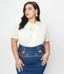 Clothing Unique Vintage Plus Size Ivory Lace Neck Tie Top