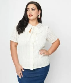 Clothing Unique Vintage Plus Size Ivory Lace Neck Tie Top