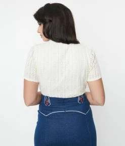 Clothing Unique Vintage Ivory Lace Neck Tie Top