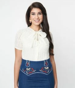 Clothing Unique Vintage Ivory Lace Neck Tie Top