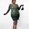 New Arrivals! Unique Vintage Plus Size 1920s Emerald & Gold Sequin Fringe Flapper Dress