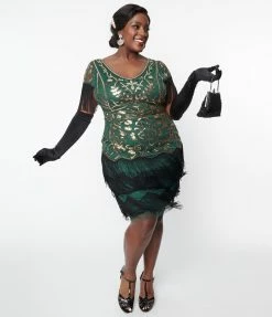 New Arrivals! Unique Vintage Plus Size 1920s Emerald & Gold Sequin Fringe Flapper Dress