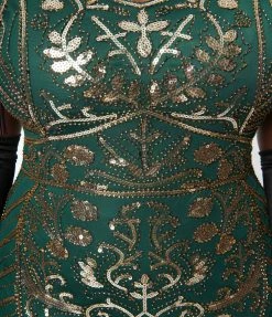 New Arrivals! Unique Vintage Plus Size 1920s Emerald & Gold Sequin Fringe Flapper Dress