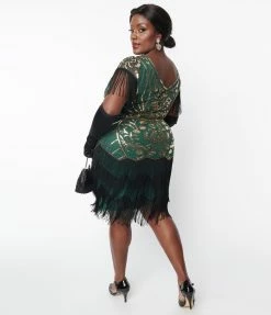 New Arrivals! Unique Vintage Plus Size 1920s Emerald & Gold Sequin Fringe Flapper Dress