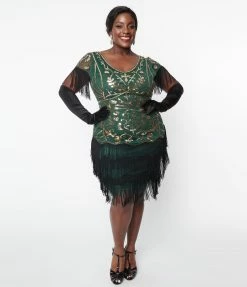 New Arrivals! Unique Vintage Plus Size 1920s Emerald & Gold Sequin Fringe Flapper Dress