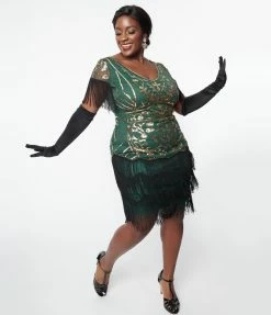 New Arrivals! Unique Vintage Plus Size 1920s Emerald & Gold Sequin Fringe Flapper Dress