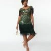 Unique Vintage 1920s Emerald & Gold Sequin Fringe Flapper Dress New Arrivals!