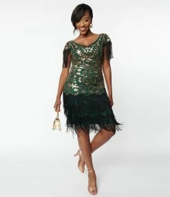Unique Vintage 1920s Emerald & Gold Sequin Fringe Flapper Dress New Arrivals!