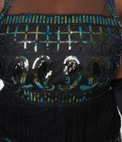 Clothing Unique Vintage Plus Size 1920s Black & Iridescent Sequin Sleeveless Flapper Dress
