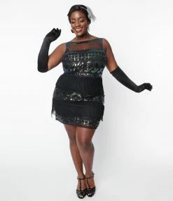 Clothing Unique Vintage Plus Size 1920s Black & Iridescent Sequin Sleeveless Flapper Dress