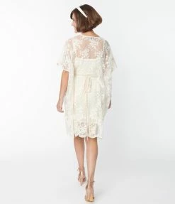 Smak Parlour Smak Parlor Ivory Embroidered Lace Mini Caftan